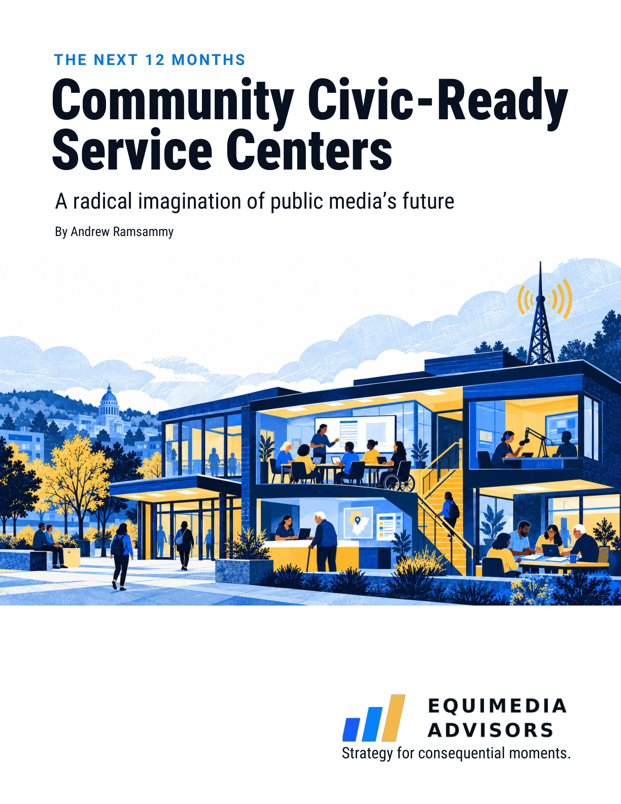 Portrait cover of Community Civic-Ready Service Centers, featuring an illustrated public media civic service center.